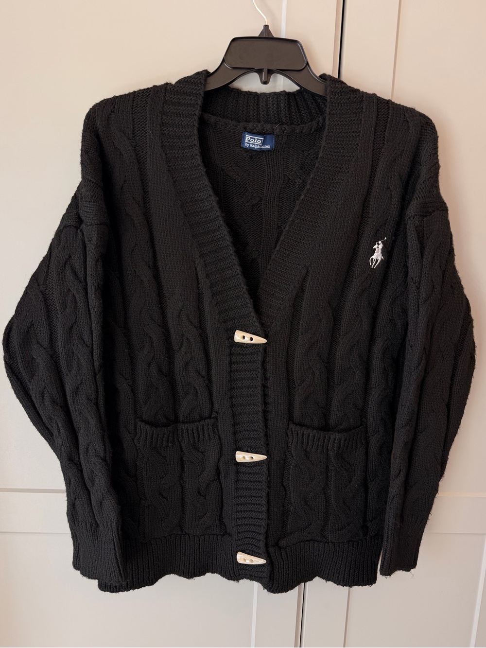 Vintage Polo Ralph Lauren Black Cable Knit Toggle Cardigan Sweater White Pony